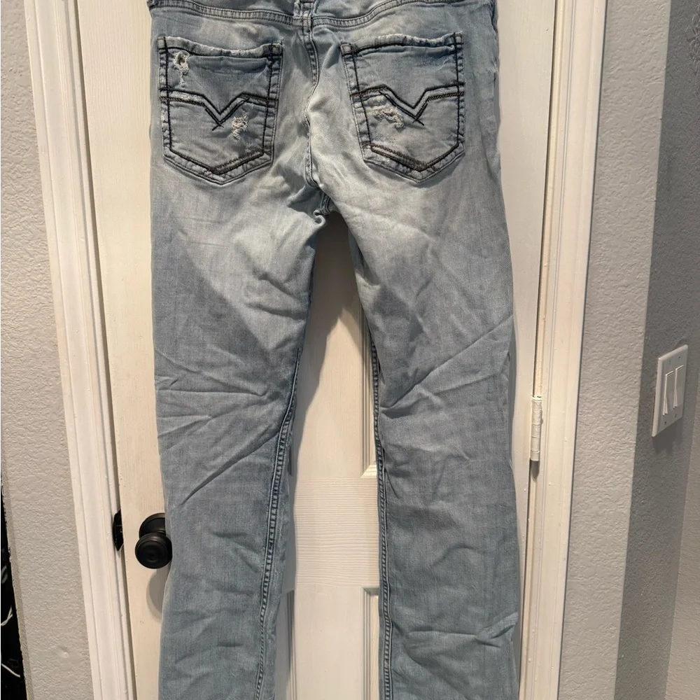 💙👉🔥Men’s Moonshine 120 Proof Slim Straight Jeans 34x36 Distressed Light Wash